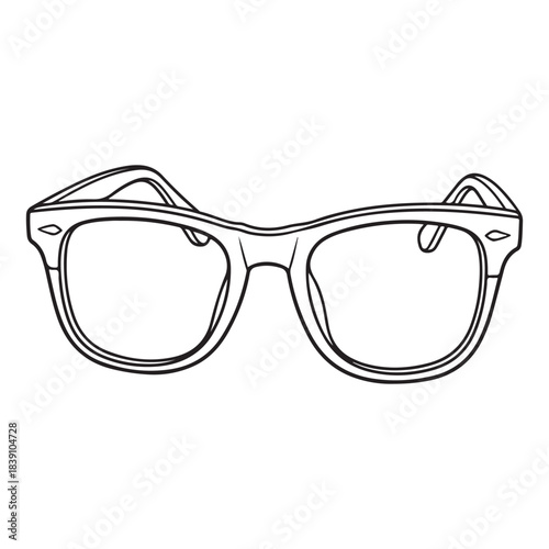 This image features a clean black-and-white line drawing of classic eyeglasses. The illustration highlights the full frame, including the bridge, temples, and lenses, with smooth outlines and subtle