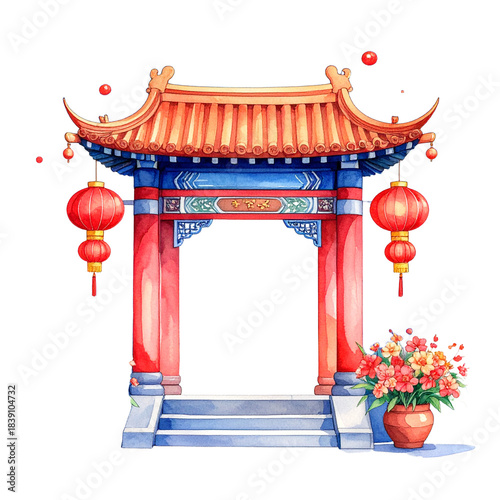 Chinese Gate with Lanterns and Flowers.