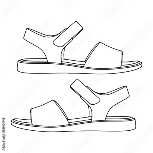 This image shows a simple black-and-white line drawing of a pair of open-toe sandals. The illustration features adjustable ankle straps with Velcro closures, wide front straps, and flat soles, 
