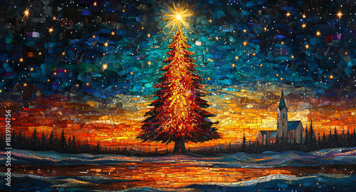 Winter Landscape in Mosaic with Golden Christmas Tree and Starry Sky
