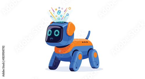 Futuristic robotic dog toy with digital data projection blue and orange design.