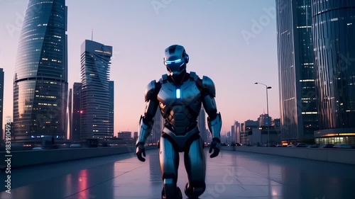 A futuristic, metallic figure stands in front of a city skyline, glowing with neon lights