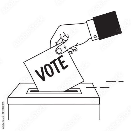 This illustration shows a hand placing a ballot into a voting box with the word "VOTE" clearly written on the paper. The design highlights the democratic process and voting action, making it ideal