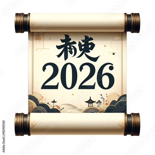 2026 Chinese New Year Scroll with Asian Characters.