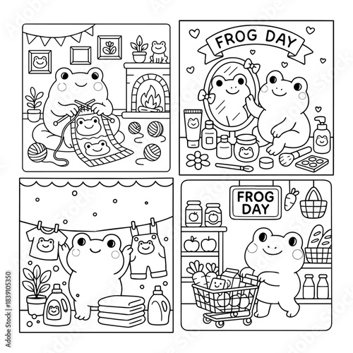 Cute Frog Coloring Page, Kawaii Animal Line Art, Vector Illustration