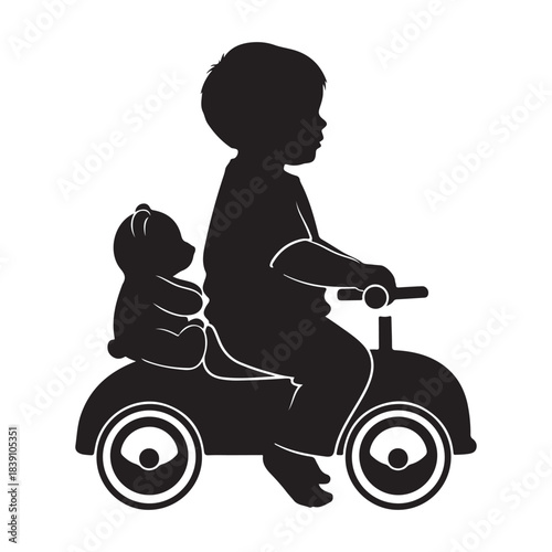 This adorable silhouette of a child riding a tricycle with a teddy bear captures the innocence and joy of childhood. Ideal for designs related to kids' toys, nursery decorations, or family-oriented 