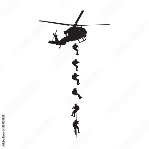 This striking silhouette depicts soldiers rappelling from a helicopter, capturing a moment of military action and precision. Ideal for projects related to defense, security, military training,