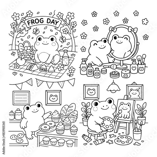 Cute Frog Coloring Page, Kawaii Animal Line Art, Vector Illustration