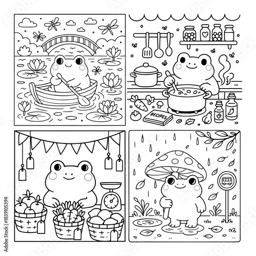 Cute Frog Coloring Page, Kawaii Animal Line Art, Vector Illustration