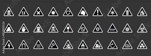 A black linear flat icon set of danger and warning symbols for websites, including heat–cold radiation, camera waves, and chemical reagents
