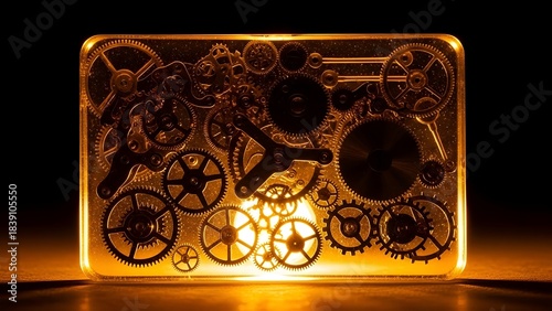 Transparent resin business card with miniature gears and clockwork mechanisms, golden light.