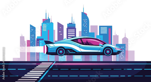 Futuristic sports car speeding down the road with a sleek design and vibrant colors.