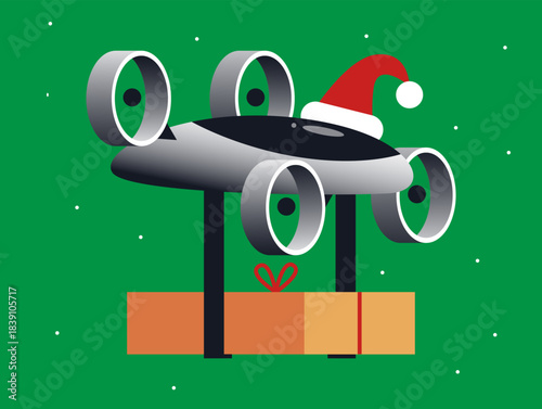 Christmas Delivery Drone Modern Technology Santa Holiday Logistics Flat Design Vector Illustration Quadcopter Wearing Santa Hat Carrying Wrapped Present.