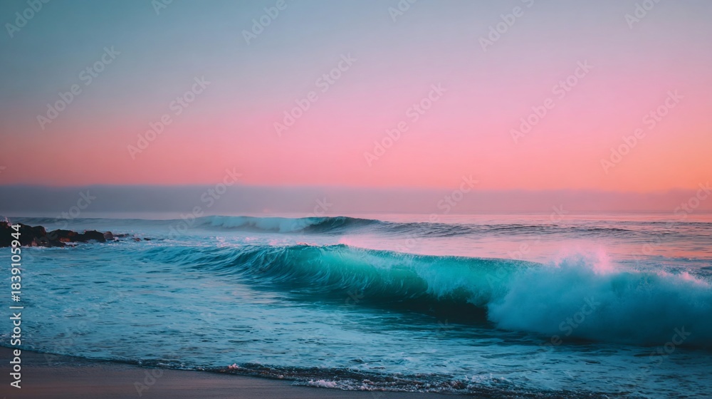 Fototapeta premium A serene seascape at dusk with ocean waves rolling towards a sandy shoreline and a colorful sky