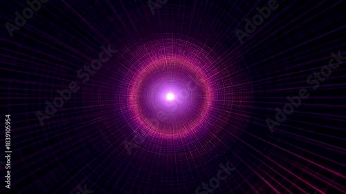 Glowing Purple Circular Light Pattern with Radiating Lines Forming Abstract Energy Tunnel on Dark Background