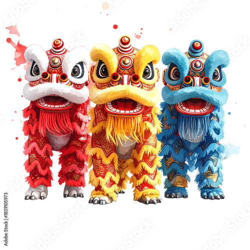 Chinese lion dance performers in red gold and blue.