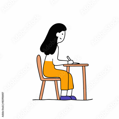 Minimalist vector illustration of a young woman with long dark hair sitting at a desk and writing in a notebook. Hand-drawn character design suitable for educational themes