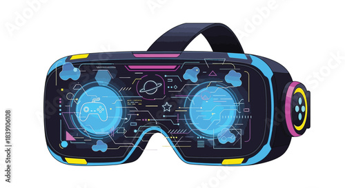 Futuristic VR Headset Design with Digital Interface and Blue Lenses.
