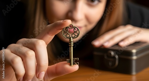 Woman Holding Vintage Ornate Skeleton Key with Treasure Box in Foreground