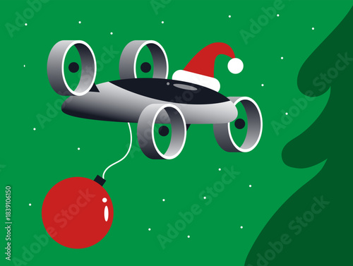 Christmas Drone Carrying Ornament Holiday Technology Future Decoration Flat Design Vector Illustration Quadcopter Wearing Santa Hat.