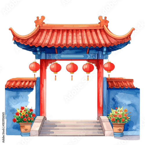 Chinese gate with lanterns and flowers.