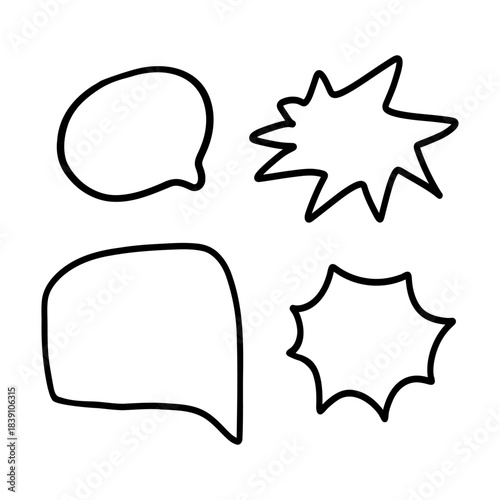 Speech Bubble Comic Signs Set Hand Drawn Blank Text Balloon Minimalist Hand Drawn Vector Illustration Black Outline Doodle Style Isolated on White Background.