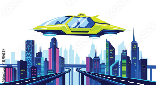 Futuristic yellow flying vehicle soaring above the modern city skyline transportation concept.