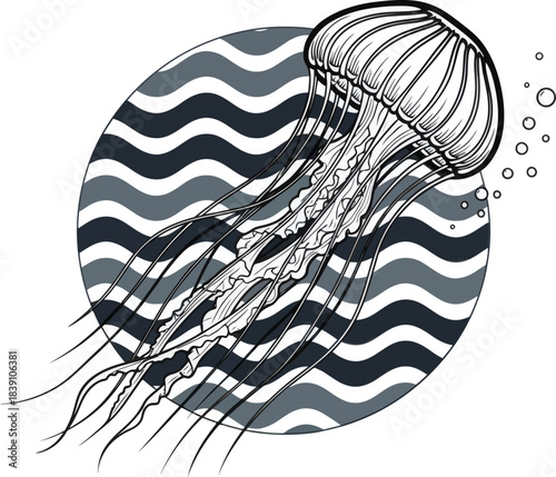 Jellyfish ocean waves illustration vector art