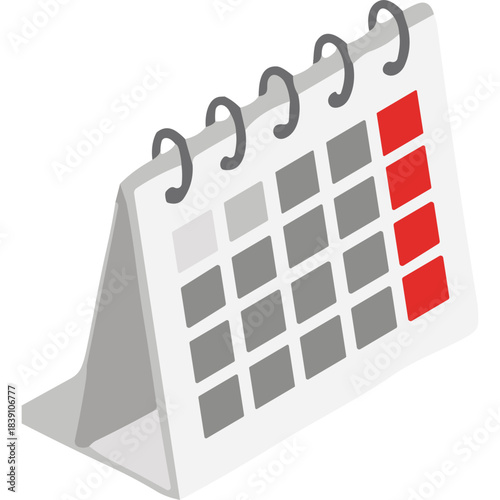 White Desktop Calendar with Red Marked Days on a Black Background Representing Important Dates or Deadlines With Metal Spiral Binding and Standing Cardboard Base