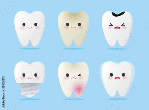 Cute Dental Cartoon Collection Showing Six Tooth Conditions
