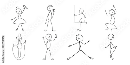 Stick figures in various poses and actions illustrating daily life Vector