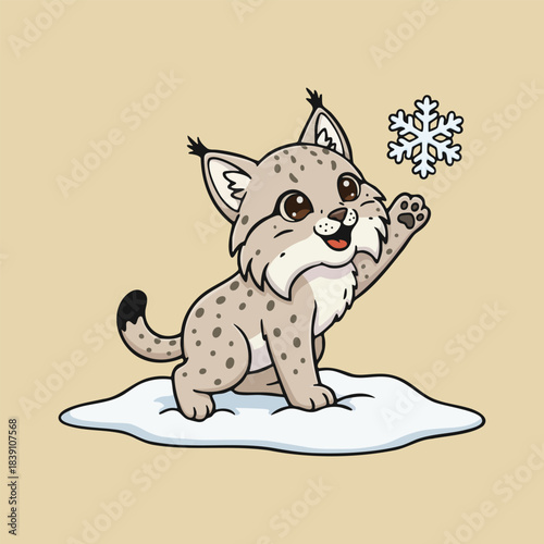 Cute cartoon lynx sitting on snow and happily holding a snowflake. Adorable winter wildlife character with big eyes and soft colors, perfect for kids books, stickers, nursery art, and educational mate