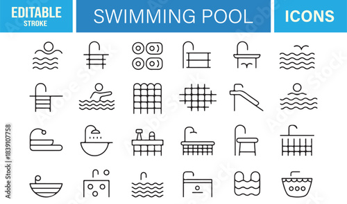 Modern Outline Swimming Pool Icon Pack Representing Water Features, Diving Boards, Spa Equipment, and Recreation Symbols