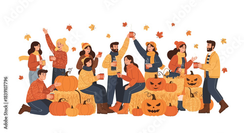 Group of people celebrating autumn season with pumpkins and fall leaves.