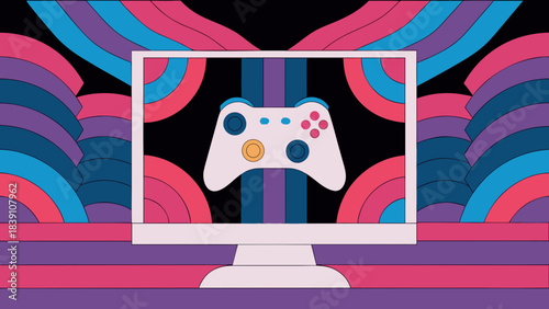 Computer Monitor Displays Gaming Controller Icon with Psychedelic Design
