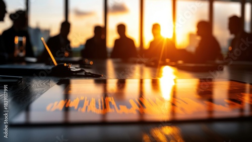 Silhouettes of leadership team viewing esg compliance roadmap and risk heatmap in a boardroom setting