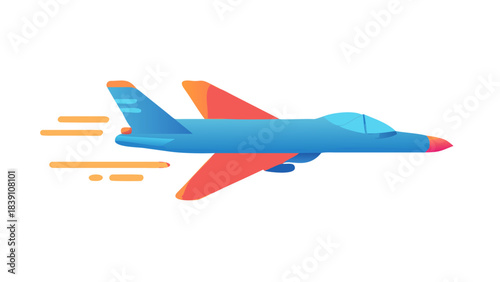 Blue and orange jet fighter in flight