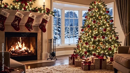A beautifully decorated interior scene exudes warmth and holiday cheer, capturing the essence of the winter season. A sparkling Christmas tree adorned with shimmering red and gold ornaments and twinkl