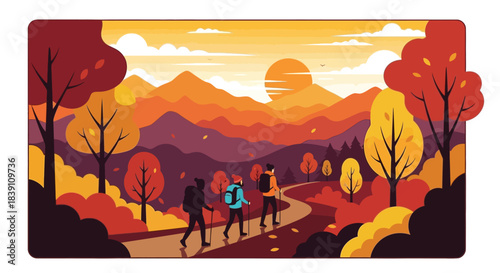 Hikers traverse a scenic autumn trail enjoying the vibrant fall colors and mountain views.