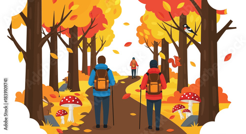 Hikers traverse a scenic autumn path enjoying the vibrant fall foliage and outdoor adventure.