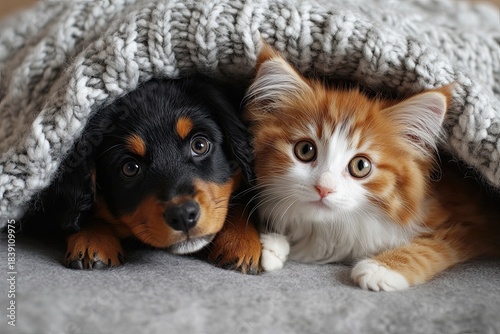 Puppy and kitten at home under the blanket.