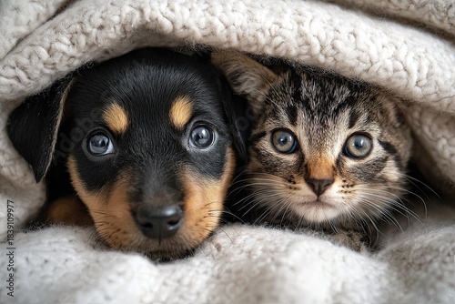 Puppy and kitten at home under the blanket.