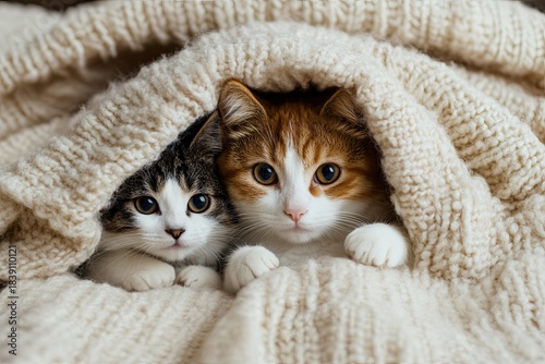 Puppy and kitten at home under the blanket.