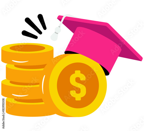 Mortarboard with books and dollar sack, flat design of educational grant