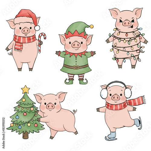 Cute Pigs Christmas/Holiday Clipart Set