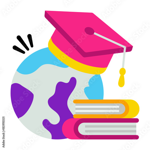 Globe with mortarboard, flat design of global learning 