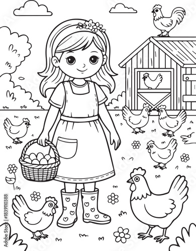 Young girl collecting fresh eggs on a bustling farm