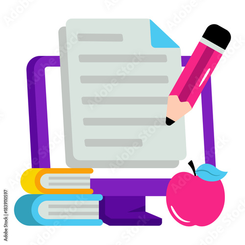 Pencil on paper, flat design of online content writing