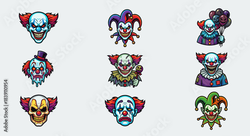 Scary clown vector character set of creepy circus heads including jester skull and sad mime face for halloween mascot or sticker design elements.