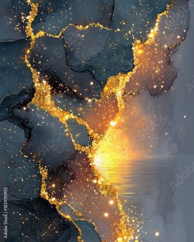 Abstract Gold Veins Flowing Through Dark Blue Background